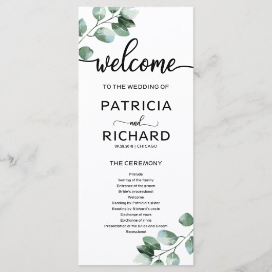 Groene Huwelijksceremonie Programma Programmakaart (Voorkant)