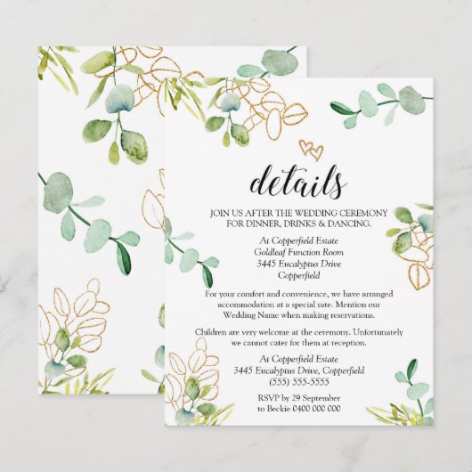 Groene Huwelijksdetails Enclosure Card Eucalyptus Informatiekaartje (Voorkant / Achterkant)