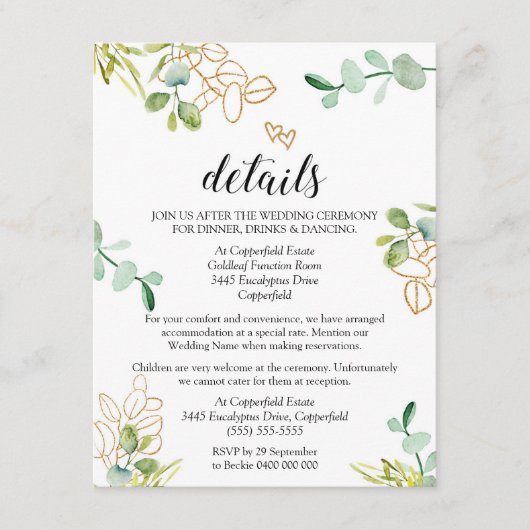 Groene Huwelijksdetails Enclosure Card Eucalyptus Informatiekaartje (Voorkant)