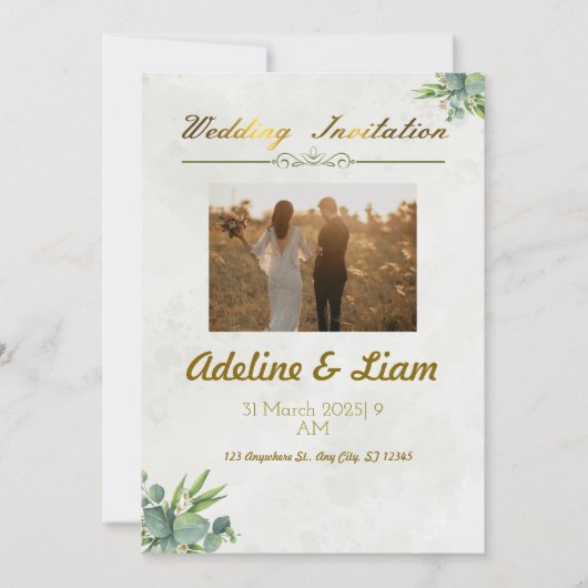 Groene huwelijksuitnodiging, met vaste gouden tite save the date (Voorkant)