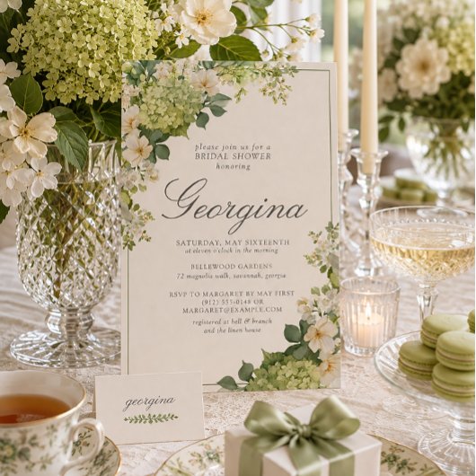 Groene Hydrangea Bloemige Monogram Bruidsuitnodigi Kaart