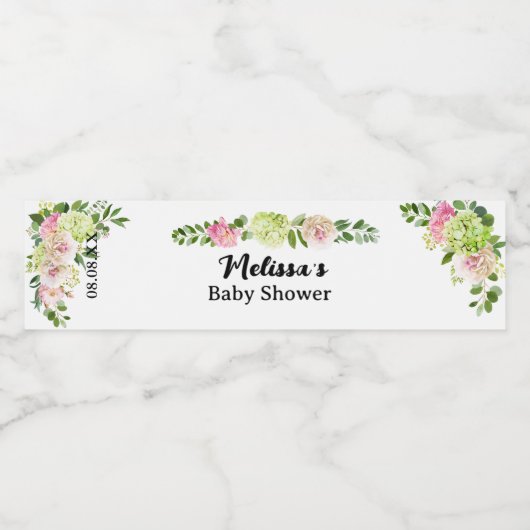 Groene Hydrangea Roze Bloemen Ballonnen Waterfles Etiket (Enkel label)