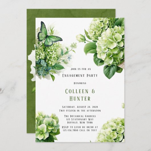 Groene Hydrangea Vlinder Bloemen Verlovingsfeest Kaart (Voorkant / Achterkant)