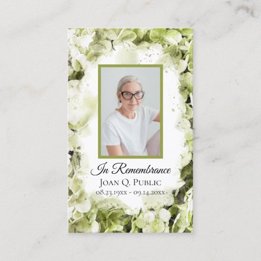 Groene Hydrangea Waterverf Begrafenisgebed Visitekaartje (Voorkant)