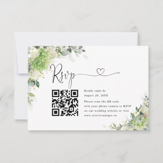 Groene Hydrangea's Trouwwebsite QR Code RSVP  Kaartje (Voorkant)