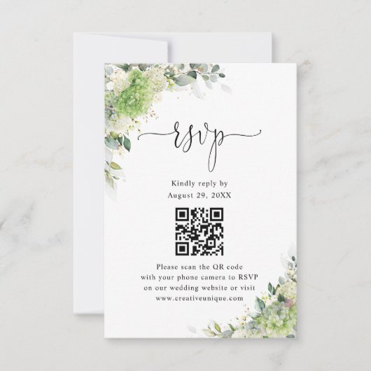 Groene Hydrangea's Trouwwebsite QR Code RSVP  Kaartje (Voorkant)