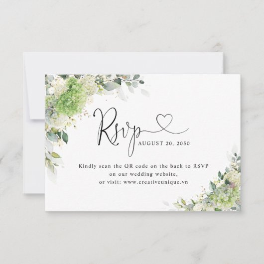 Groene Hydrangea's Trouwwebsite QR Code RSVP  Kaartje (Voorkant)