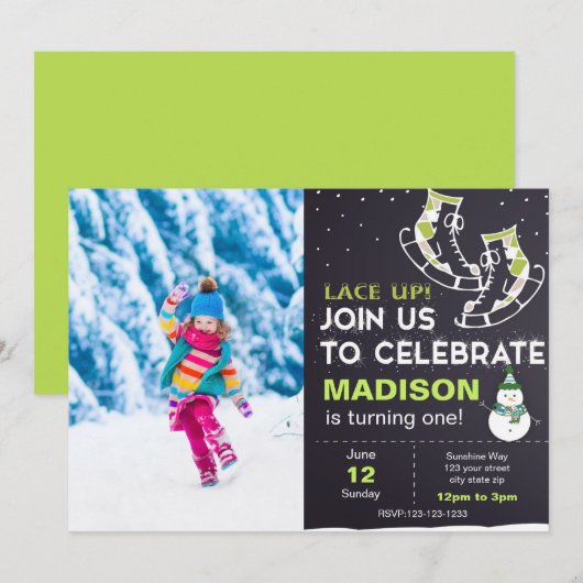 Groene ijsdag Schaats - Uitnodiging met foto (Voorkant / Achterkant)