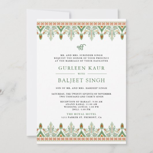 Groene Ikat Anand Karaj Sikh huwelijksuitnodiging Kaart (Voorkant)