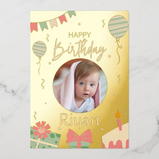 Groene Illustratieve Verjaardagskaart Met Foto Folie Uitnodiging (Voorkant)