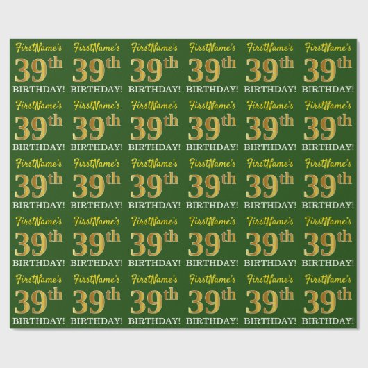 Groene, imitatie Gold look "39th BIRTHDAY" Cadeaupapier (Vlak)
