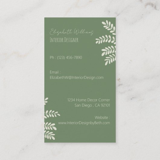 Groene interieurontwerper Verticale Visitekaartjes (Achterkant)