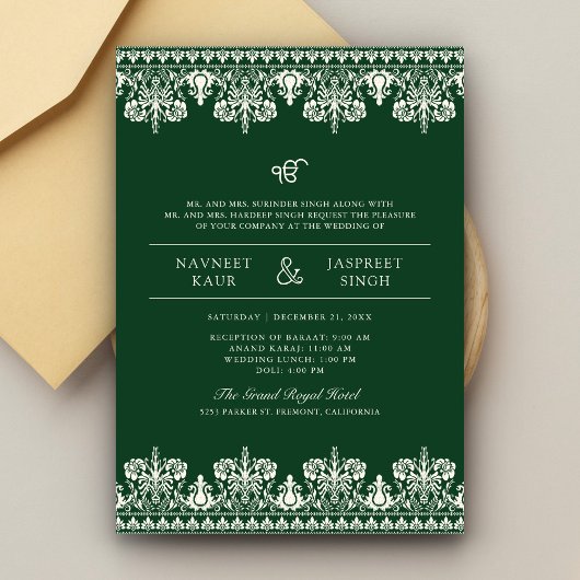 Groene Ivoor Damast Border Anand Karaj Sikh Bruilo Kaart