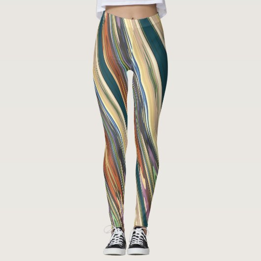 Groene Ivoren Onregelmatige Strepen Leggings (Voorkant)
