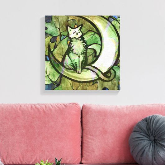 Groene Ivy Cat Moon Child Art Luna Cats Canvas Afdruk (Insitu (Woonkamer))