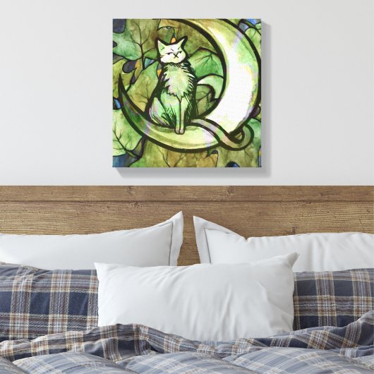 Groene Ivy Cat Moon Child Art Luna Cats Canvas Afdruk (Insitu (Slaapkamer))