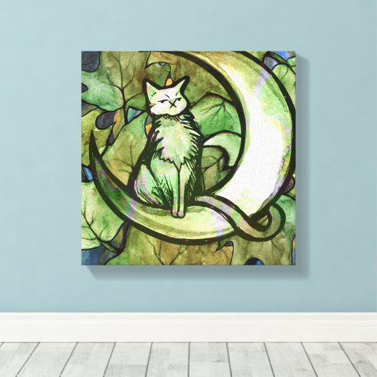 Groene Ivy Cat Moon Child Art Luna Cats Canvas Afdruk (Insitu (Houten vloer))