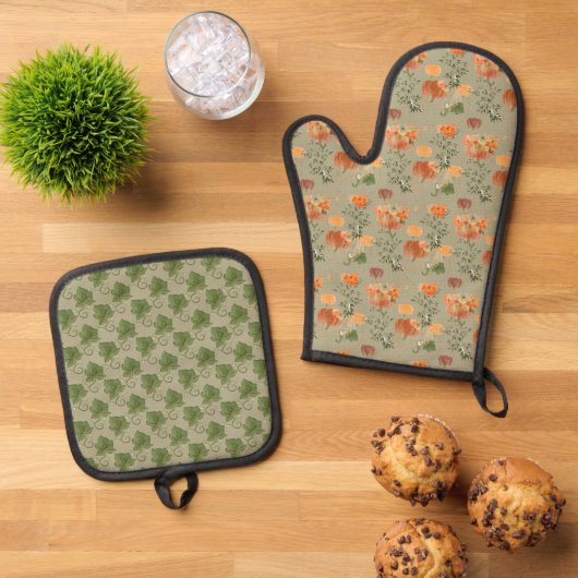 Groene Ivy en Oranje Pompoenen Ovenwant & Pannenlap Set (Top down)
