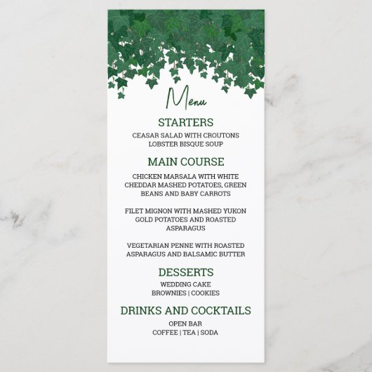 Groene Ivy Tuin Bruiloft Menu (Voorkant)