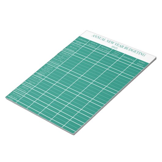 Groene jaarlijkse nieuwjaarsbudgettering notitieblok (Schuin)