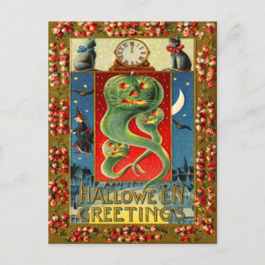 Groene Jack O' Lantaarn Geest Pompoen Zwart Kat Briefkaart (Voorkant)