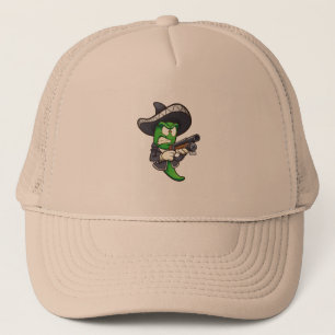 Groene jalapeno peper met een mariachi outfit en e trucker pet