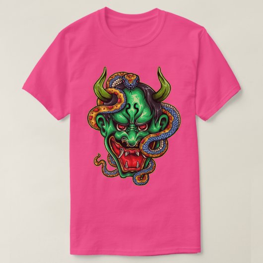 Groene Japanner Oni Hannya Mask Demon Devil Snake T-shirt (Design voorkant)