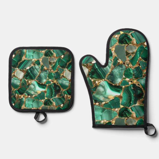 Groene Jaspis en Goud Ovenwant & Pannenlap Set (Voorkant)