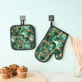 Groene Jaspis en Goud Ovenwant & Pannenlap Set