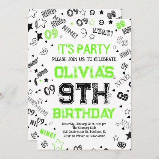Groene jongen nummer negen verjaardagsfeestje kaart (Voorkant / Achterkant)