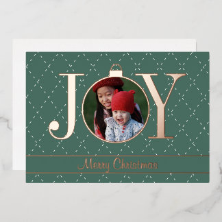 Groene JOY Foto Kerstkaart Echte Roze Goud Folie Feestdagenkaart