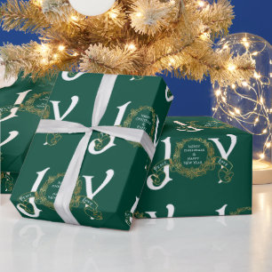 Groene Joy Peace Love Gold Classy Kerstmis Cadeaupapier