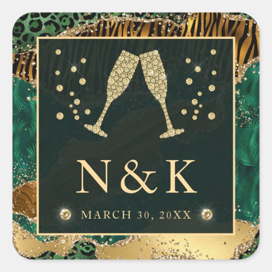 Groene Jungle Dierprint Glitter Agate Bruiloft Vierkante Sticker (Voorkant)