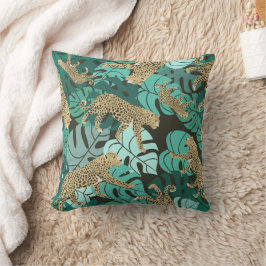 Groene Jungle Luipaard en Tropische Monstera Blade Kussen
