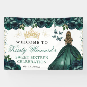Groene jurk Blonde prinses bloemrijke Sweet 16 Spandoek