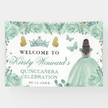Groene jurk bruine prinses bloemenkroon Quinceaner