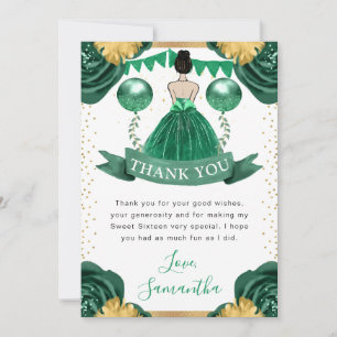 Groene jurk bruinharige prinses Sweet 16 Bedankkaart