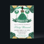 Groene jurk Donkere huid Prinses Sweet 16 Kaart<br><div class="desc">Elegante waterverf dark skin princess in smaragdgroen jurkontwerp met groene en goudbloemen,  ballonnen en gouden glitter confetti.</div>