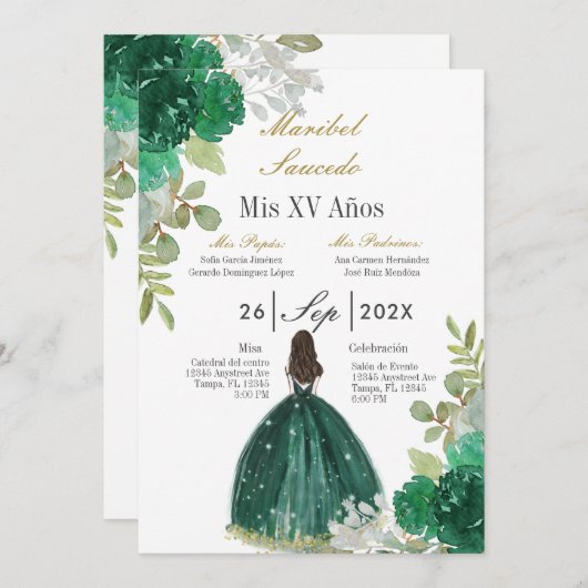 Groene jurk quinceañera uitnodiging (Voorkant / Achterkant)