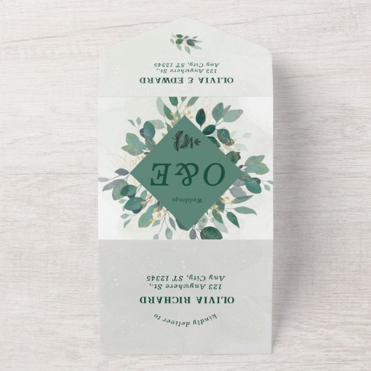 Groene kader en gouden bladeren met Rsvp Bruiloft All In One Uitnodiging (Buitenkant)