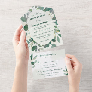 Groene kader en gouden bladeren met Rsvp Bruiloft All In One Uitnodiging