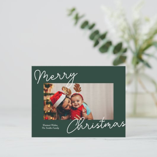 Groene kalligrafie Vrolijk Kerstmis Moderne foto Feestdagenkaart (Staand voorkant)