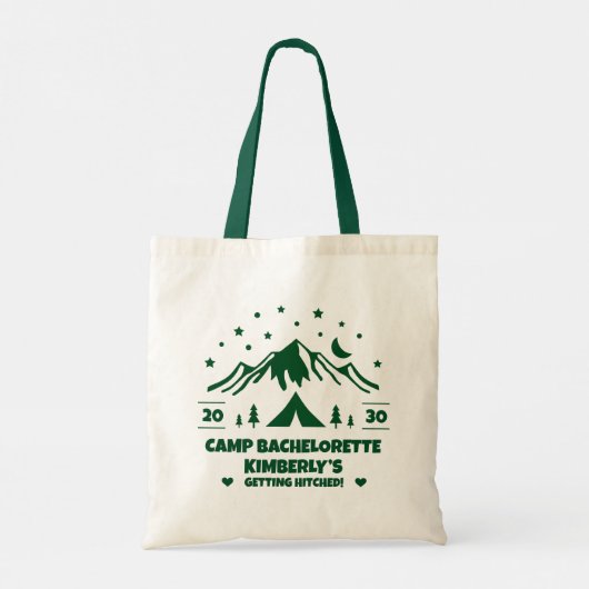 Groene kampeeruitstap voor vrijgezellenfeest tote bag (Achterkant)