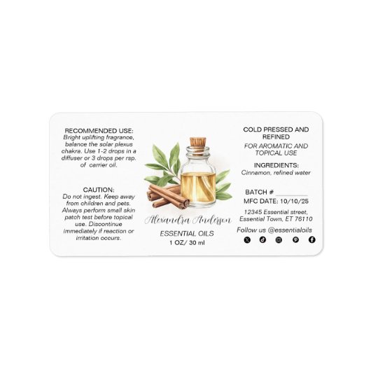 Groene kaneel etherische oliën Waterverf Etiket (Voorkant)