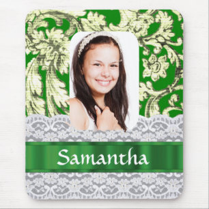Groene kant damast gepersonaliseerde foto muismat