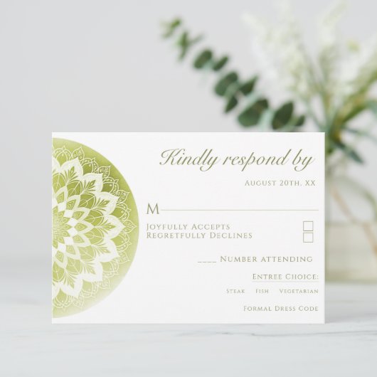 Groene Kant Mandala Bruiloft RSVP Kaartje (Staand voorkant)