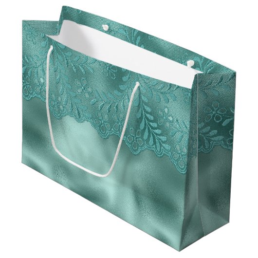 Groene kanten bruiloftsborrel met robertskleur groot cadeauzakje (Voorkant Gekanteld)