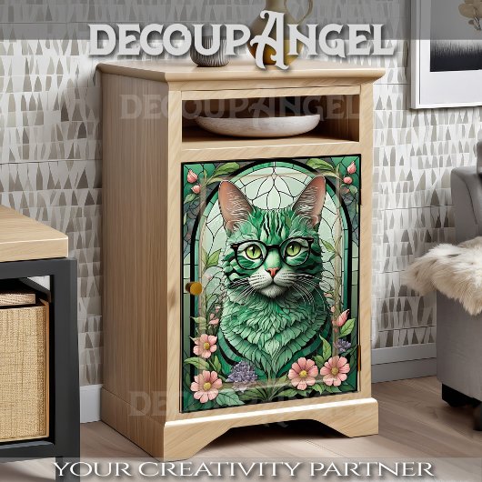 Groene kat en bloemen - Decoupage_ Tissuepapier