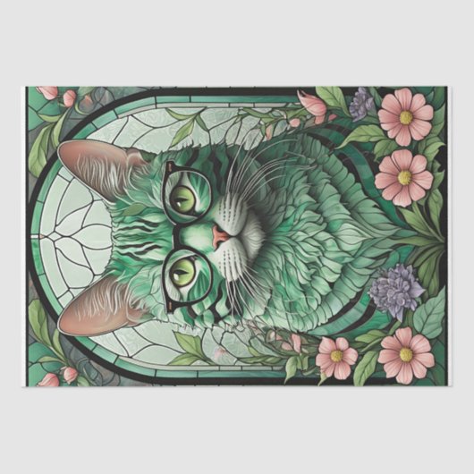 Groene kat en bloemen - Decoupage_ Tissuepapier (Voorkant)