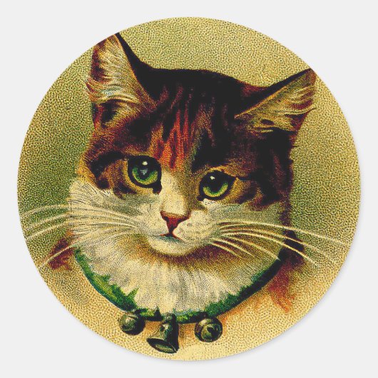 groene kat met Jingle Bells Ronde Sticker (Voorkant)